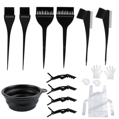 17 Pz Kit Tintura Capelli: 6 Pennello Tinta Capellio, 4 Fermagli per Capellio, 1 Ciotola per Tintura, Kit Tinta Capelli fai da te, 6 guanti, grembiule e set pennelli da parrucchiere in salone/a casa