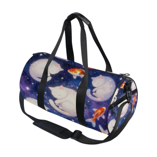Bolsa de deporte redonda con estampado de gato blanco y bolsillo interior para viaje
