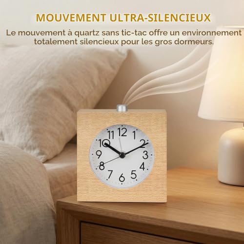 Lancoon Réveil analogique en Bois Silencieux avec veilleuse Snooze Pile en Bois Fonctionne pour Les dormeurs Au Chevet Jaune – vue 4