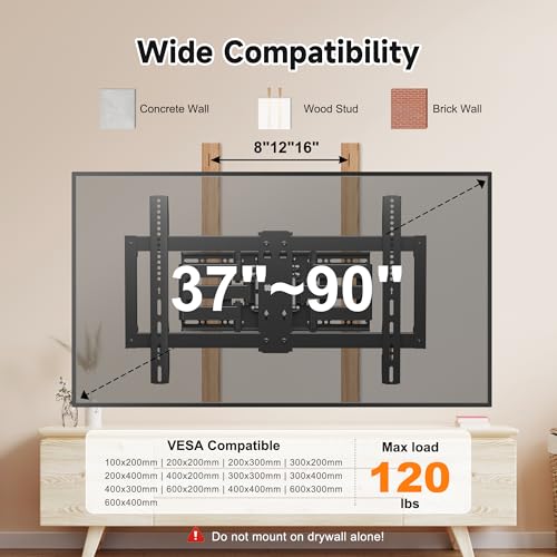 XINLEI Ultra Slim Full Motion TV Wall Mount for Most 37"-90" Flat/Curved TV, Swivel Tilt Bracket with Articulating 6 Arms, Support 120lbs, Max VESA 600x400mm, Fits 12”/16" Wood Stud, MAUS02 by XINLEI - Image 7