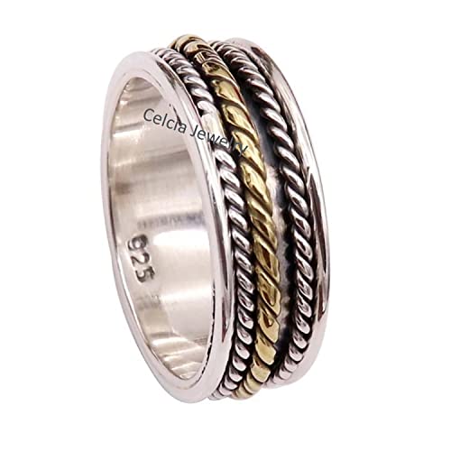Real 925 Sterling Silver Spinner Ring for Men Women, Birthday Gifts for Mom Dad, Anxiety Meditation Ring, Fidget Ring, Statement Ring, Two Tone Ring, Mothers Day Gifts Ring (US Ring size 4)