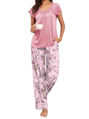 Famulily Two Piece Pajama Set Loose Short Sleeve Flowy Top and Drawstring Elastic Waist Pants Pink XL