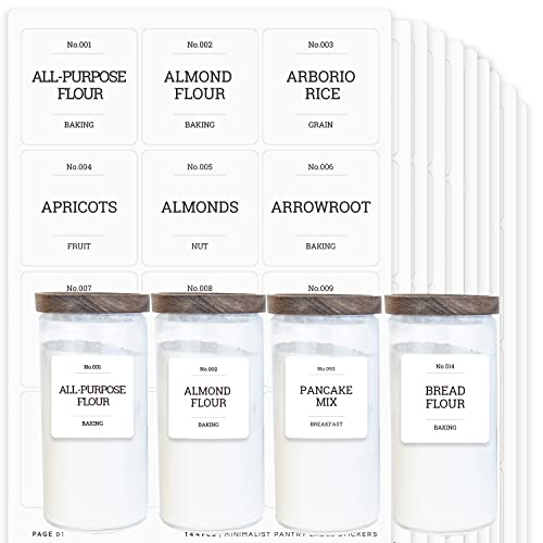 v2croft 144 Etiketten für die Küche, Speisekammer, minimalistisch, vorgedruckt, weiß, matt, schwarz, Namensetiketten für Lebensmittel, Etiketten für Gläser, Dosen und Vorratsbehälter (wasserfest) Cover