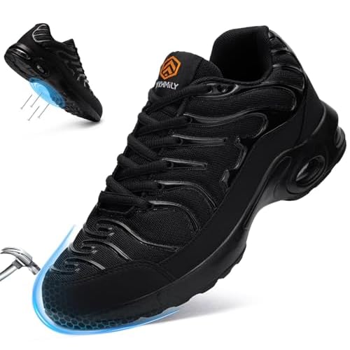 DYKHMILY Arbeitsschuhe Herren Sicherheitsschuhe Leichte Luftkissen Stahlkappenschuhe Arbeit Komfort Schutzschuhe Sportlich Atmungsaktive Pannensichere S1 (Schwarz,42EU)