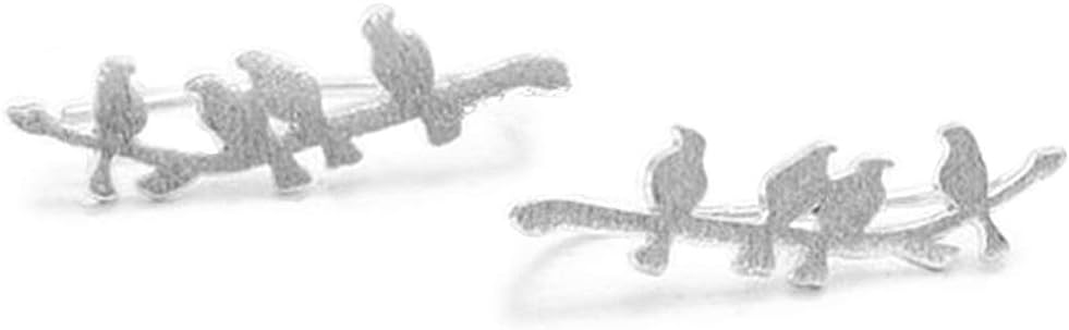 Bird Ear Cuff Wrap Crawler Climber Earrings for Women Girls S925 Sterling Silver Brushed Little Birds Stand on Tree Branch Stud Clip on Post Pin Earrings Delicate Lightweight Jewelry