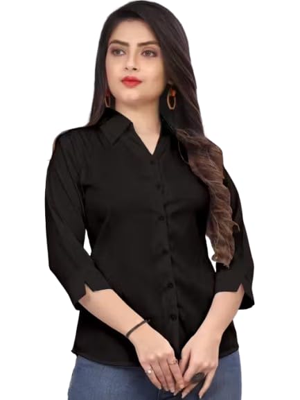 Women’s Cotton Blend Solid Formal Shirt with 3/4 Sleeves-Black P2-picture-16