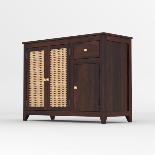 Image of Solid Sheesham Wood Sideboard Cabinet for Living Room | Crockery Cabinet with 2 Rattan Cane Door | Kitchen Display Unit 2 Rattan Cane Doors,1 Door Cabinet & 1 Drawer (Walnut Finish)