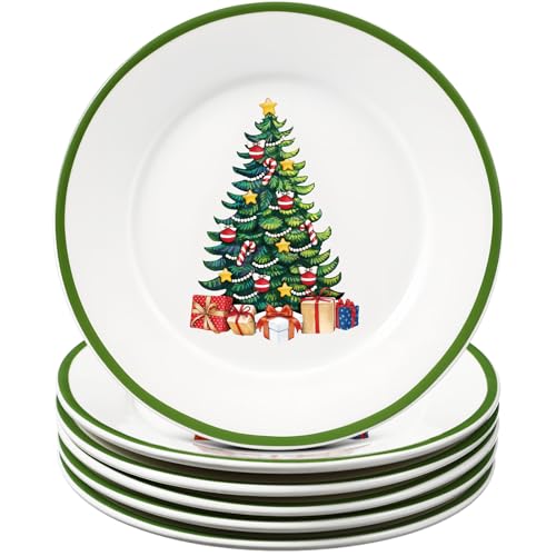 Honeydak 6 Pcs 6 Inch Christmas Plates Ceramic Xmas Tree Decorations Porcelain Plate Green Appetizer Salad Dessert Dinner Dishes for Holiday Party Tableware Supplies Table Decoration