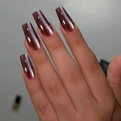 SEMATA Cat Eye Acrylic Press on Nails Medium Long Square Nails Press ons Coffin Dark Red Glue on Fake Nail with Bling Glossy Designs Reusable Artificial Stick on False Nail for Women 24Pcs — view 3