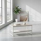INDE MOBLEKIT | Mesa de Centro Rectangular 80x40x38 cm con 2 Niveles, Estructura Metálica Blanca y Tablero de Madera Mate, Mueble Auxiliar para Salón, Estantería Baja o Mesa de Café