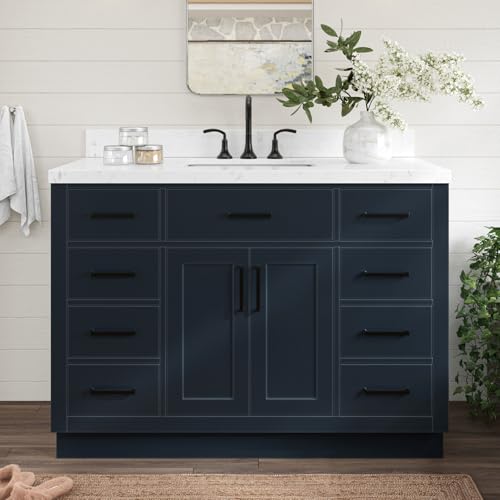 ARIEL Hepburn 48-inch Bathroom Vanity with Sink,Solid Wood, 1.5-inch Carrara White Quartz Countertop, Single Rectangular Porcelain Sink, 2 Soft Closing Doors, 9 Dovetail Drawers, Midnight Blue