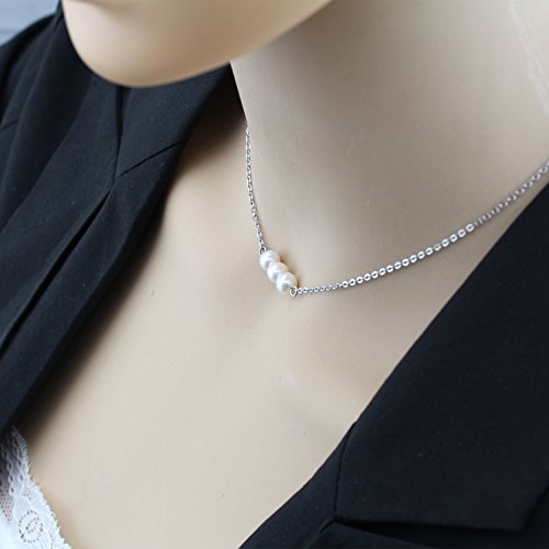 Fondgem White 3 Pearl Bar Choker Necklace – Pretty Stainless Steel Small Bridal Dainty Bright White Three Original Luxury Large Personalized Pearl Bead Necklace Jewelry 16 For Grandma Women #TOP4