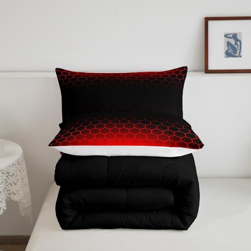 Image of Feelyou Red Black Ombre Comforter Set Twin, Honeycomb Bedding Set for Kids Abstract Hexagonal Comforter Ombre Duvet with 1 Pillow Case