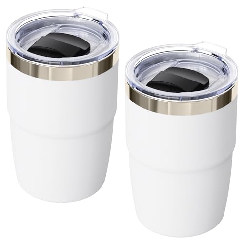 8 oz Small Coffee Cup with Magnetic Lid, Ceramic-Lined 18/8 Stainless Steel, Double-Wall Vacuum Insulated, Stackable, Dishwasher Safe, Mini Tumbler for On-the-Go, 2 Pack, White White 8 Ounce