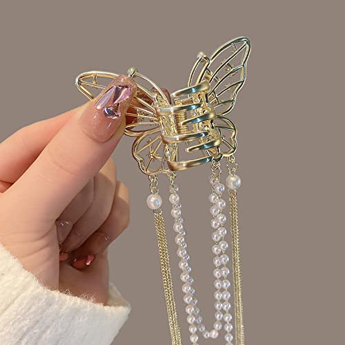 Butterfly Hair Clips With Tassel Crystal Rhinestone Gold Butterfly Hair Claws Metal Butterfly Pearl Tassel Hair Jaw Clamp Nonslip Hair Grab Clips Elegant Hairpin For Women Girls Thick Thin Hair Accessories #TOP2