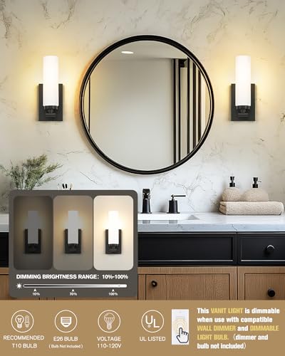 Image of Emak Black Sconces Set of 2, Modern Wall Lights with Milk Glass Shade, Farmhouse Vanity Lights for Bathroom, Living Room, Bedroom, Gallery, WS086-BK-ML-2PK