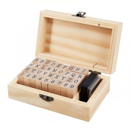 houlishu 36 Pcs Alphabet Number Stamps - Wooden Rubber Vintage Design with Storage Box, Clear Printing for DIY Craft Scrapbooking Card Making