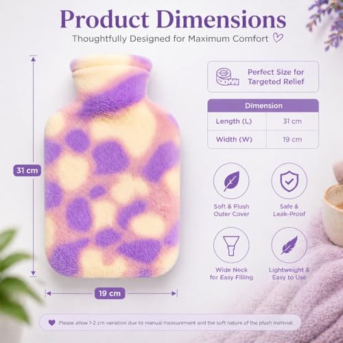 Image of Hot Water Bag with Soft Plush Cover 2000ml Medical Grade Silicone Hot Water Bottle for Period Cramps, Back Pain Relief, Hot & Cold Therapy, Muscle Aches & Full Body Relaxation Heating Pad (Lavender)