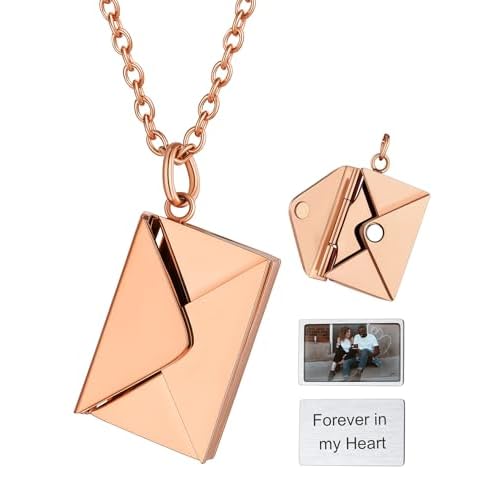 ChainsHouse Personalized Locket Necklace, Custom Envelope Necklaces with Photo Message Engraved for Women, Stainless Steel/Black/Gold/Rose Gold Plated Memorial Gift for Wife (with Gift Box)