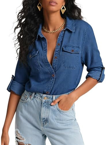 HOCAIES Women's Denim Shirts Long Sleeve Chambray Blouse Jean Shacket