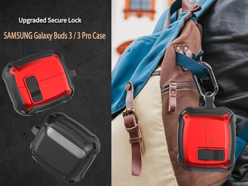 Image of Galaxy Buds 3 Pro /3 /3 FE Case Cover with Secure Lock Clip, Shockproof Samsung Galaxy Buds3 /3 Pro 2024 /3 FE 2025 Protective Hard Cover Shell with Carabiner&Cleaner kit for Men Women, Black /Red