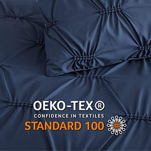 Bedsure Pintuck Duvet Cover Set Double - Navy Blue Double Bedding Set with Zipper Closure, Reversible Pinch Pleated Quilt Cover with 2 Pillowcases, 200x200 cm