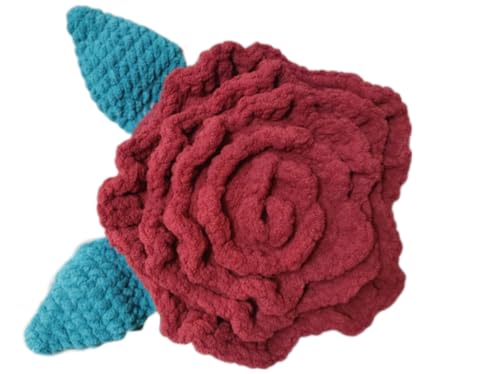 Decorative Rose Throw Pillow, Handmade Crochet Design, 12 Inch, Dark Red with Turquoise Leaves