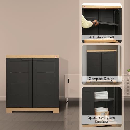 Image of Cello Novelty Compact Bookshelf, Brown & Beige | 2 Dustproof Doors | Space Saving Cupboard | Plastic Book Shelf | Multipurpose Book Shelf for Home, Office | Book Organizer for Library