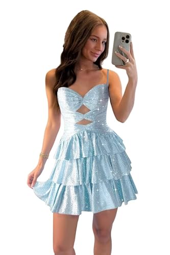 Zeeyecie Sparkly Beads Tiered A-Line Homecoming Dresses Short Prom Dresses for Teens Sequins Cut Out Mini Cocktail Dress