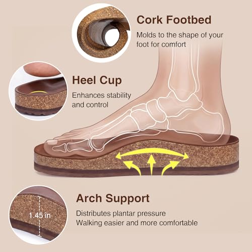Image of ZURIN Genuine Leather Sandals for Women,Cork Footbed Slide Platform Sandals with Arch Support, Suede Double Buckle Slip On Slides for Summer Beach Walking Indoor Outdoor