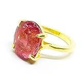 Plata de ley Impresionante anillo en Plata de ley con baño en Oro de 18K, con magnífica y brillante Turmalina rosa/anaranjada. Anillo.