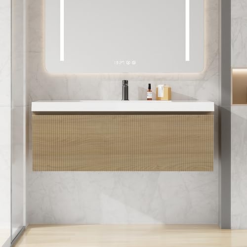 Runave 42 Inch Floating Bathroom Vanity with Sink, Modern Oak Wall Mounted Floating Vanity with Glossy Resin Sink, Soft Closing Drawer, Fully Pre Assembled Bathroom Vanity, Natural Oak