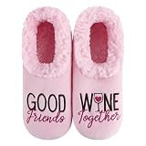 Snoozies Pairables Sherpa-lined Slipper Socks - Fuzzy and Cute Slippers for Women with Non-Slip Sole - Ladies Warm Slippers - Good Friends Wine Together- Xlarge