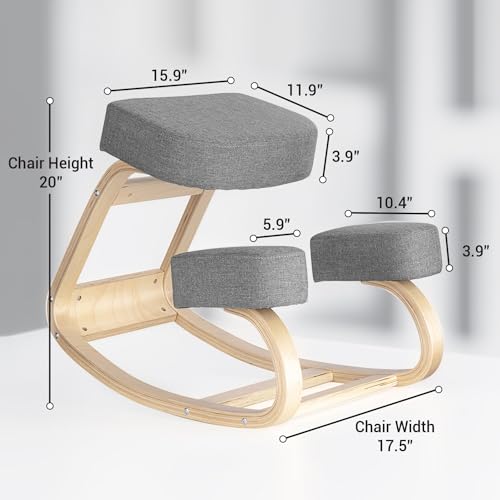 Image of Desky Ergonomic Black Kneeling Chair - Adjustable Wooden Frame with Cushioned Seat and Knee Pads, Natural Finish, Home Office & Study Support