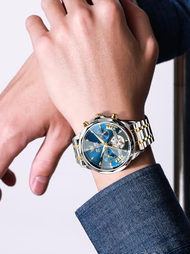 Image of OLEVS Men Automatic Watch Diamond Skeleton Mechanical Luxury Self Winding Moon Phase Calendar Waterproof Wrist Watch for Men