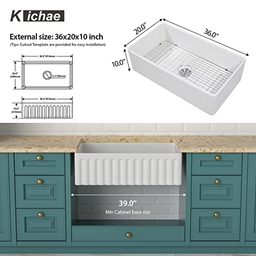 36 Inch White Farmhouse Sink - Kichae 36"L X 20"W Farm Kitchen Sink Undermount Singe Bowl Reversible Apron Front Fireclay Ceramic Porcelain Farmer Style Kitchen Sink With Accessories #TOP5