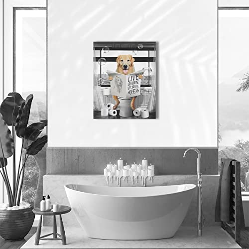 Golden Retriever Canvas Wall Art Black And White Funny Pictures Farmhouse Bathroom Wall Decor Dog Sitting In Toilet Painting For Toilet Bathroom Dog Artwork Framed 12"X16" #TOP3