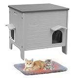 Deblue Cat House Outdoor with Cat Mat Weatherpoof Plastic Cats Houses with Escape Door Indoor Waterproof Feral/Pet Cat Shelter Outside for Puppy, Rabbit(Grey)