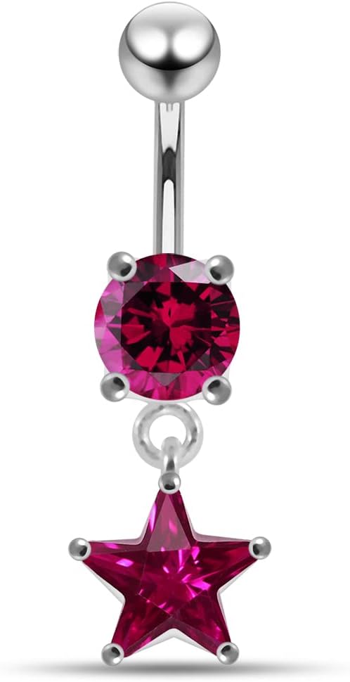 Stylish Round with Star Dangling Design 925 Sterling Silver with Stainless Steel Belly Ring - Belly Button jewelry - Navel jewelry