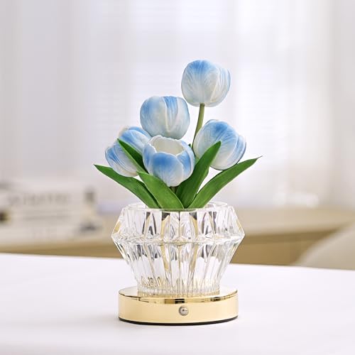 Image of Blue Tulip Flower Lamp Diamond Vase, 3 Color Night Light Dimmable Touch Control Artificial Floral Decor for Bedroom Bar Coffee Shop Wedding Birthday Gifts for Women Christmas Valentine Mothers Day