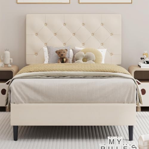 BarnFurin Twin Bed Frame with Adjustable Button Tufted Headboard,Cream