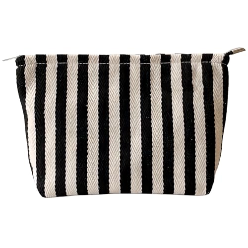 Striped Canvas Travel Makeup Bag - High Capacity Toiletry Pouch With Zipper Closure