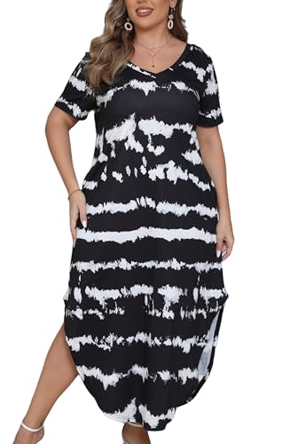 Image of Women's Plus Size Maxi Dresses V Neck Casual Short Sleeve Loose Pocket Slits Long Dress XL-5XL