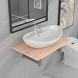 HengCaDa Set di 2 mobili da bagno marrone quercia con lavabo in ceramica, mensola da parete 60 x 40 x 16,3 cm, lavabo ovale salvaspazio per bagno, WC degli ospiti, con vano portaoggetti e montaggio a