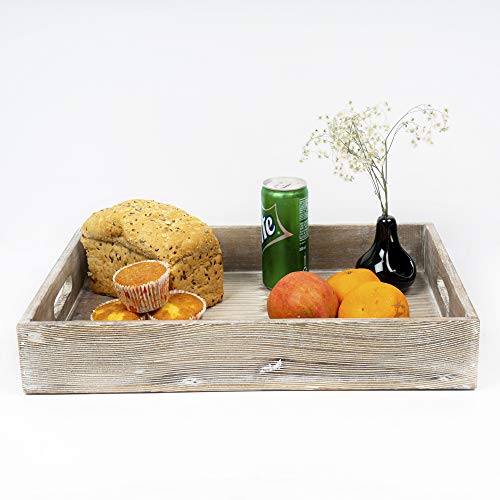 GoCraft Handmade Large Wooden Tray | Serveware Kitchen Accessories Tray | Rustic White Finish (17.5\" X 12\" x 3\")