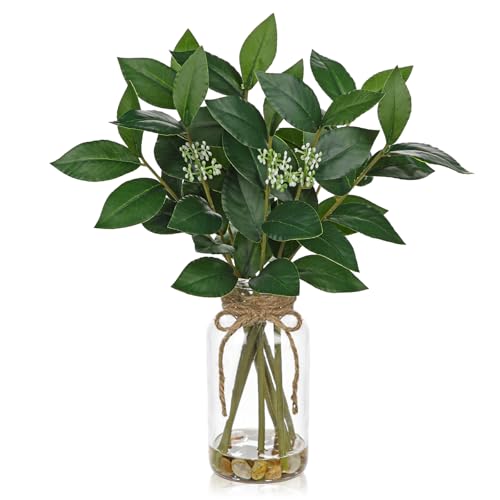 Arborus Plantes de laurier artificielles de 36 cm dans un vase en verre - Branches de laurier artificielles dans un vase avec eau synthétique - Petite plante...