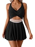 Aidonger Women Cutout Swimdress One Piece Swimsuit Color Block Bathing Suit with Skirt Wrap Front...