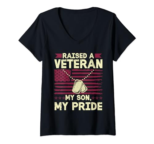 Mujer Raised A Veteran My Son My Pride - Bandera de Estados Unidos para el Día de los Veteranos Camiseta Cuello V