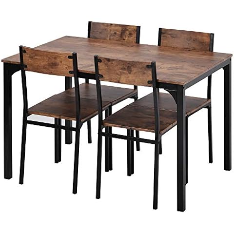 Bidook Dining Table and Chair Set 4 Wooden Steel Frame Industrial Style Retro Kitchen Dining Table Set (Rustic Brown)(UK Stock) Cover