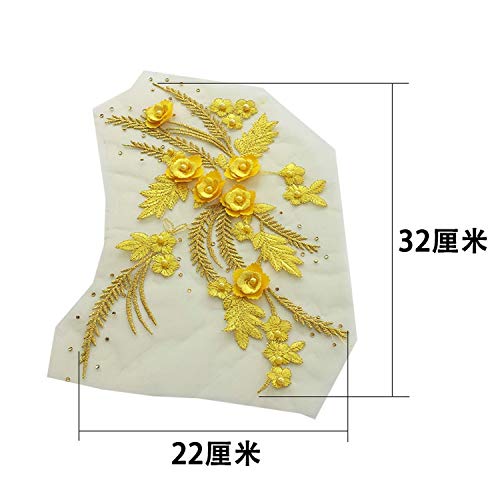 Lace Fabric 3D Flower Patches Tassel Beads Rhinestone Embroidered Wedding Gown Appliques Sew Patch For Dress Diy Decor 2 Pcs (Yellow) #TOP2